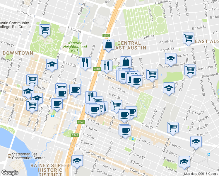 map of restaurants, bars, coffee shops, grocery stores, and more near 1001 East 10th Street in Austin
