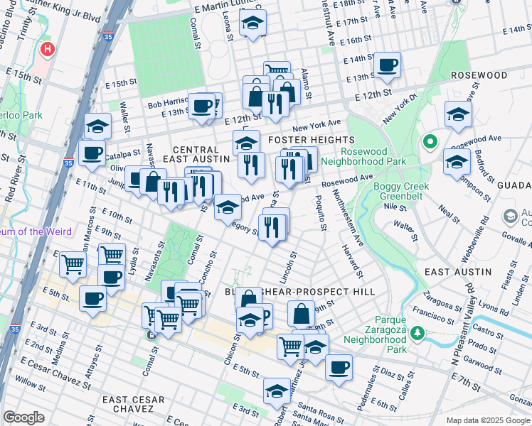 map of restaurants, bars, coffee shops, grocery stores, and more near 1134 Salina Street in Austin