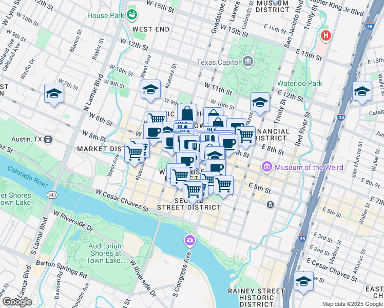 map of restaurants, bars, coffee shops, grocery stores, and more near 515 Colorado Street in Austin