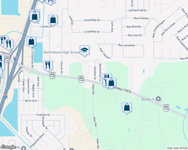 map of restaurants, bars, coffee shops, grocery stores, and more near 537 Panther Drive in Slidell