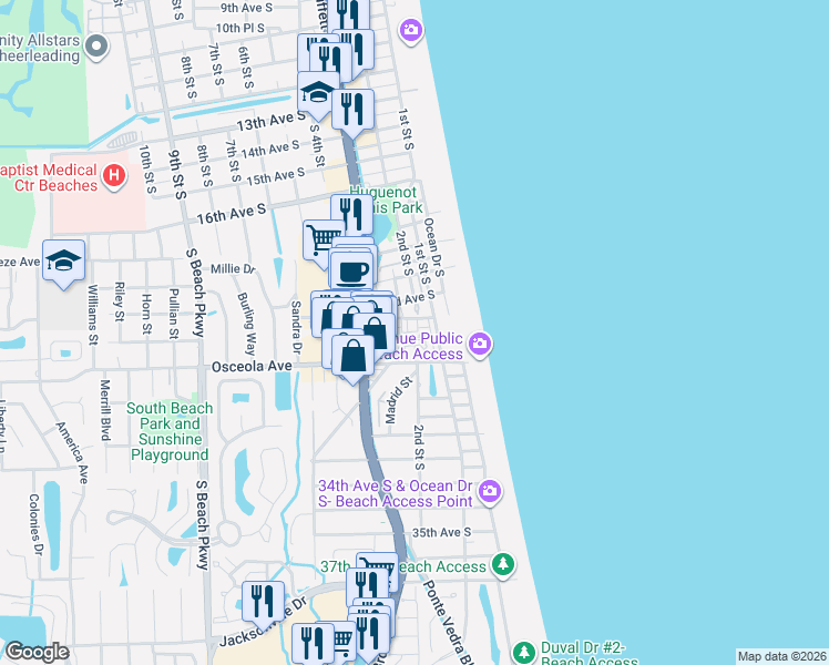 map of restaurants, bars, coffee shops, grocery stores, and more near 107 25th Avenue South in Jacksonville Beach