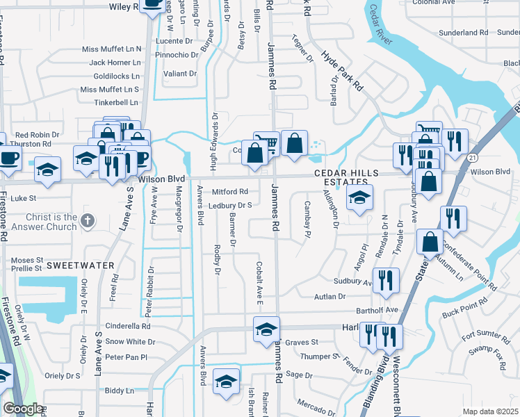 map of restaurants, bars, coffee shops, grocery stores, and more near 6404 Ledbury Drive South in Jacksonville