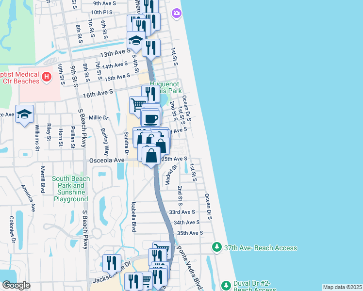 map of restaurants, bars, coffee shops, grocery stores, and more near 202 Laguna Villa Boulevard in Jacksonville Beach