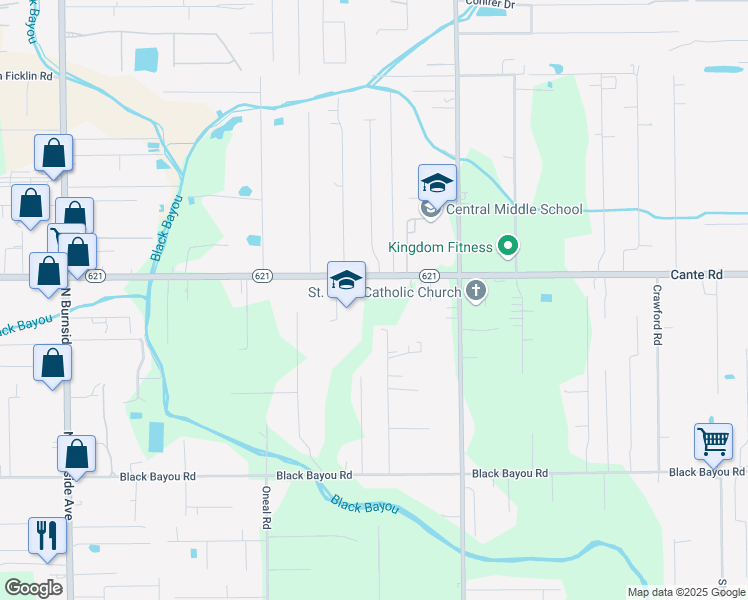 map of restaurants, bars, coffee shops, grocery stores, and more near 41469 Louisiana 621 in Gonzales