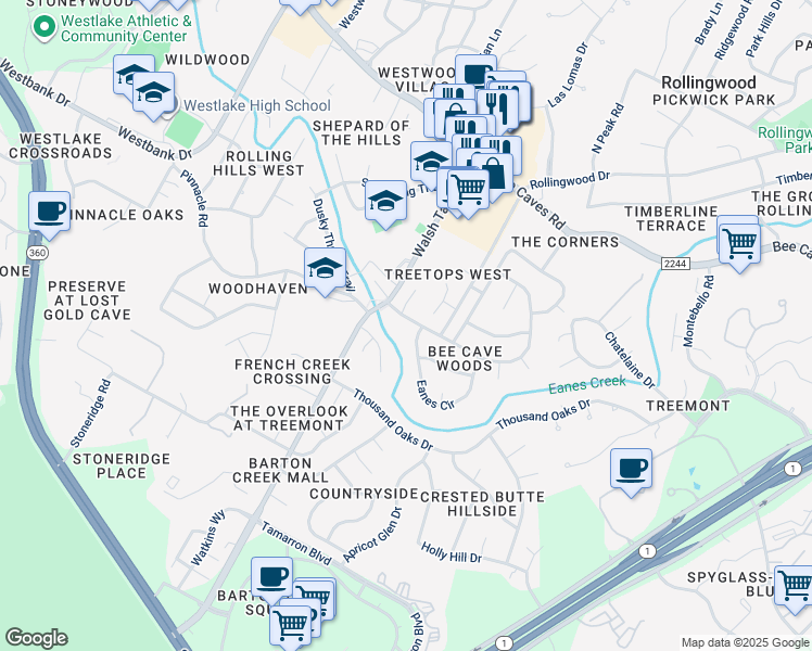map of restaurants, bars, coffee shops, grocery stores, and more near 1335 Wilderness Drive in Austin