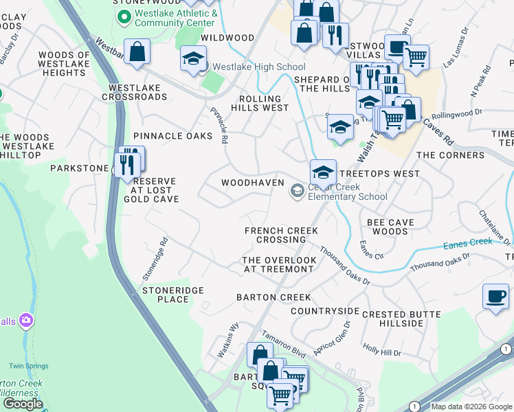map of restaurants, bars, coffee shops, grocery stores, and more near 3404 Rain Forest Drive in Austin