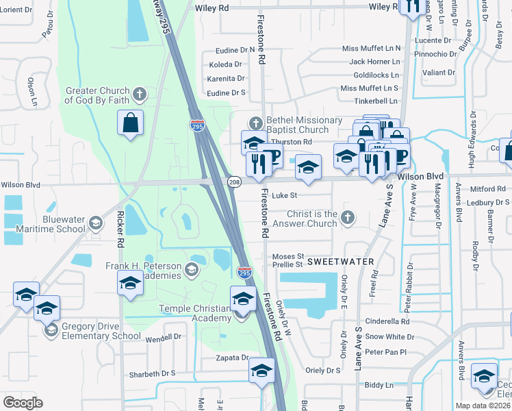 map of restaurants, bars, coffee shops, grocery stores, and more near 7214 Luke Street in Jacksonville