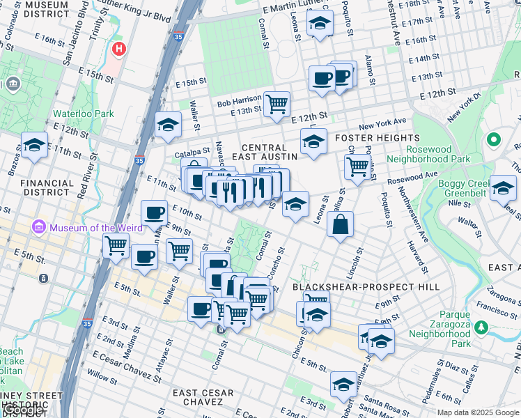 map of restaurants, bars, coffee shops, grocery stores, and more near 1317 Rosewood Avenue in Austin