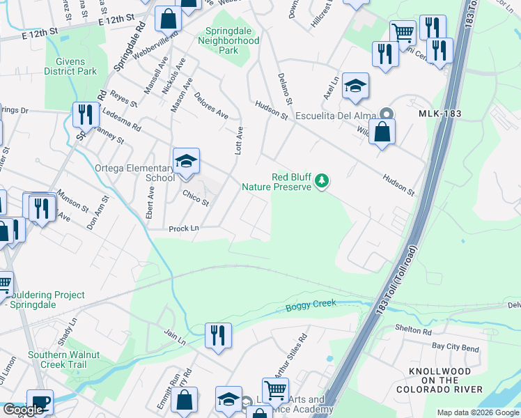 map of restaurants, bars, coffee shops, grocery stores, and more near 1122 Terry Drive in Austin