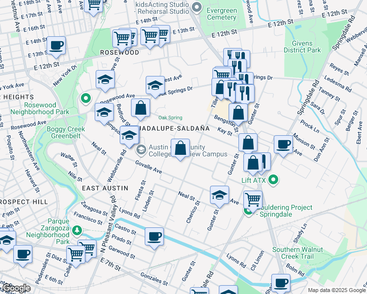map of restaurants, bars, coffee shops, grocery stores, and more near 3021 Father Joe Znotas Street in Austin