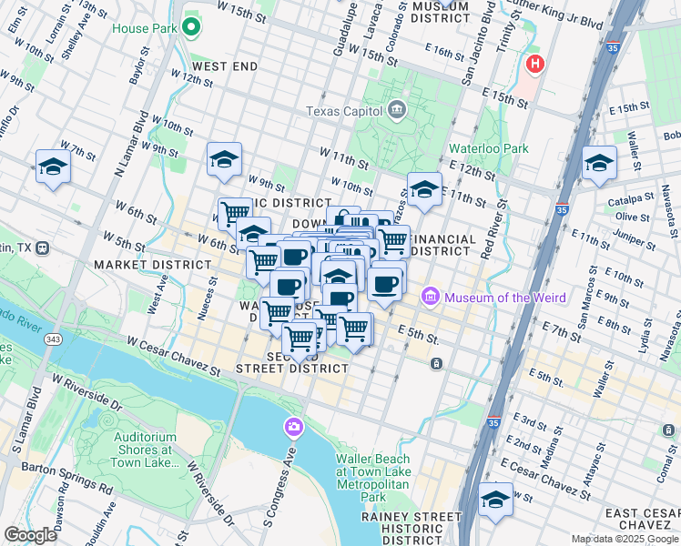 map of restaurants, bars, coffee shops, grocery stores, and more near 600 Congress Avenue in Austin