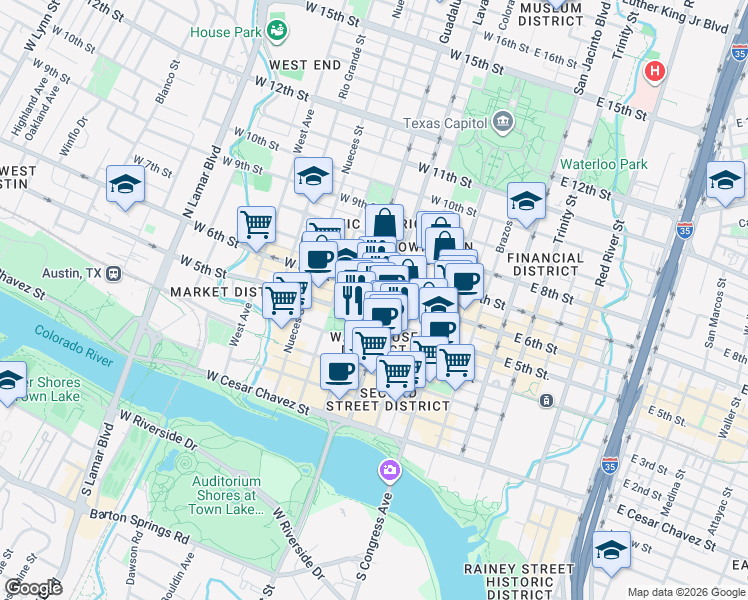 map of restaurants, bars, coffee shops, grocery stores, and more near 311 West 6th Street in Austin