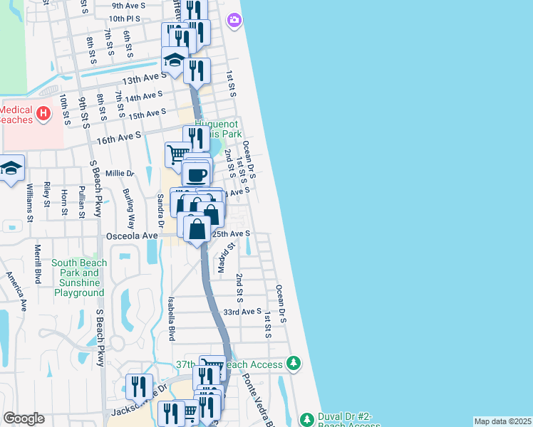 map of restaurants, bars, coffee shops, grocery stores, and more near 2335 Costa Verde Boulevard in Jacksonville Beach