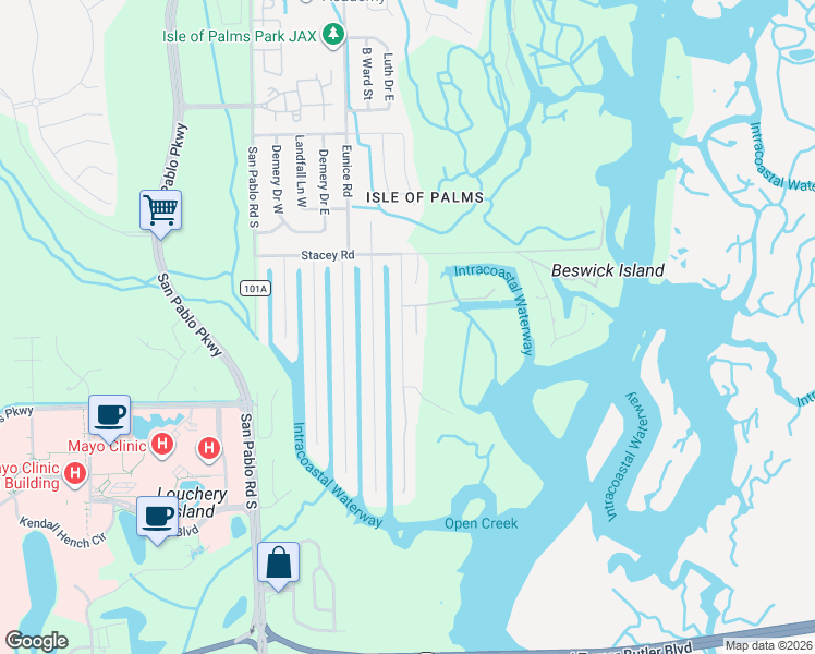 map of restaurants, bars, coffee shops, grocery stores, and more near 4236 Seabreeze Drive in Jacksonville