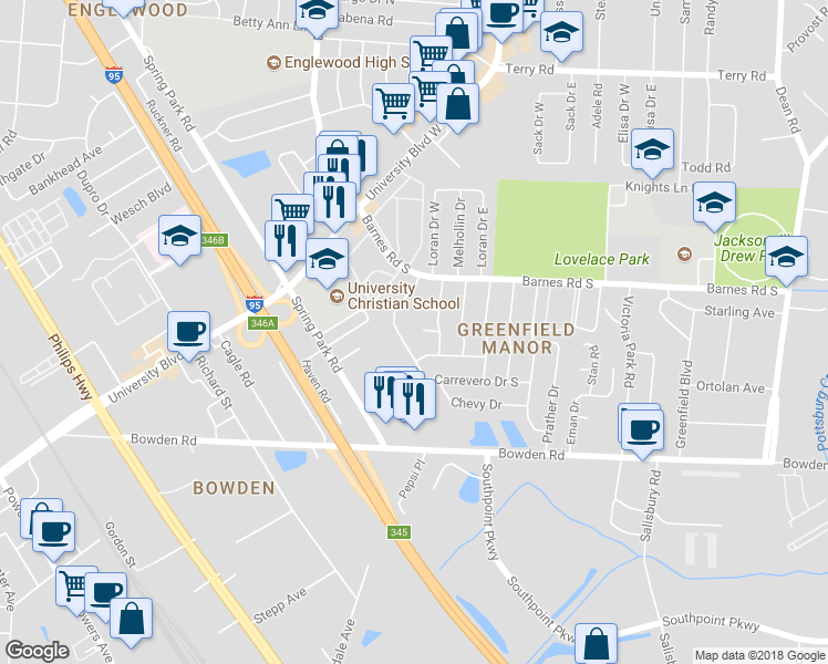 map of restaurants, bars, coffee shops, grocery stores, and more near 5906 Marty Court in Jacksonville