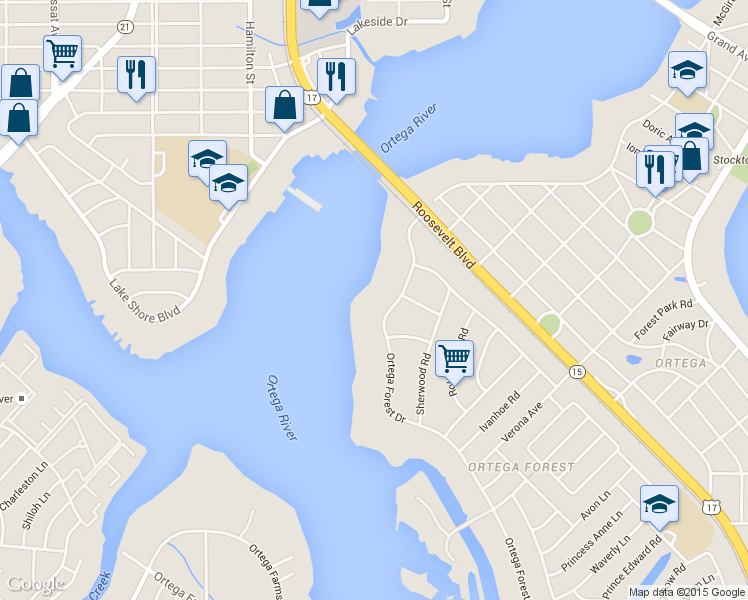 map of restaurants, bars, coffee shops, grocery stores, and more near 4224 Ortega Forest Drive in Jacksonville