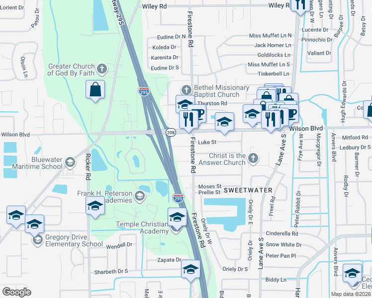 map of restaurants, bars, coffee shops, grocery stores, and more near 7214 Luke Street in Jacksonville