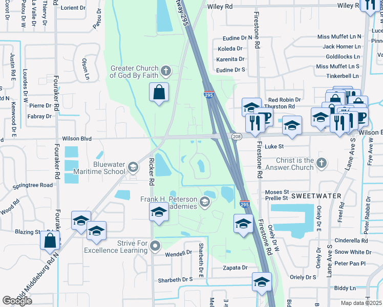 map of restaurants, bars, coffee shops, grocery stores, and more near 3610 Kirkpatrick Circle in Jacksonville
