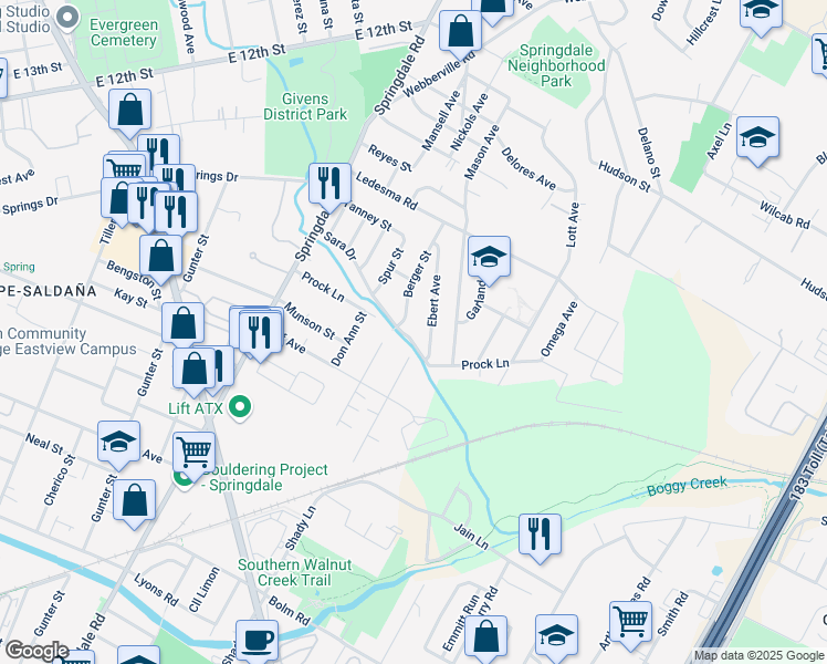 map of restaurants, bars, coffee shops, grocery stores, and more near 5006 Sara Drive in Austin