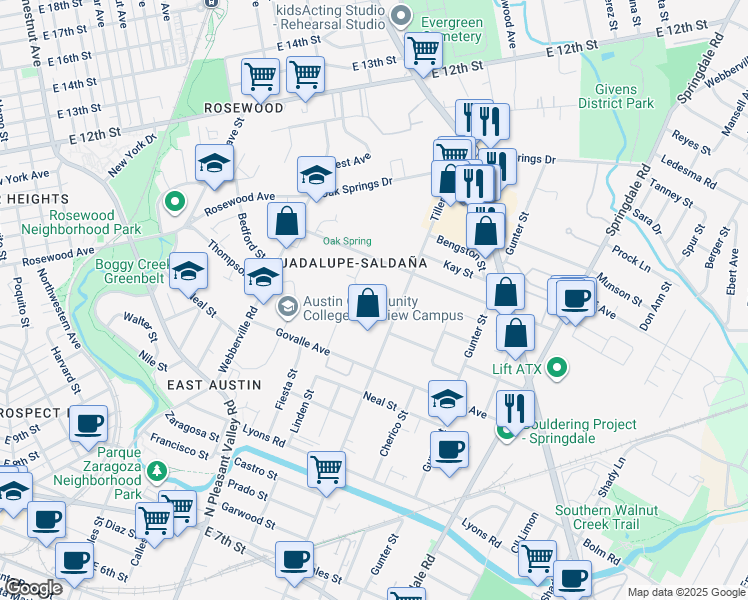 map of restaurants, bars, coffee shops, grocery stores, and more near 3021 Father Joe Znotas Street in Austin