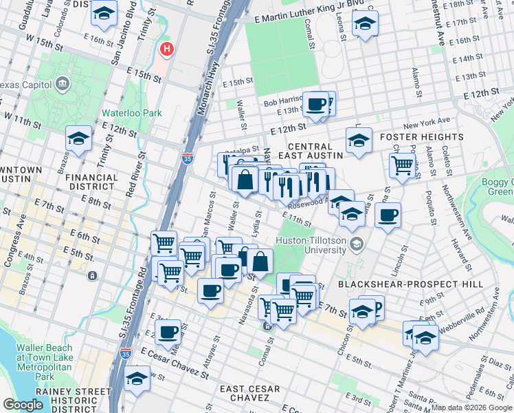 map of restaurants, bars, coffee shops, grocery stores, and more near 1133 East 11th Street in Austin