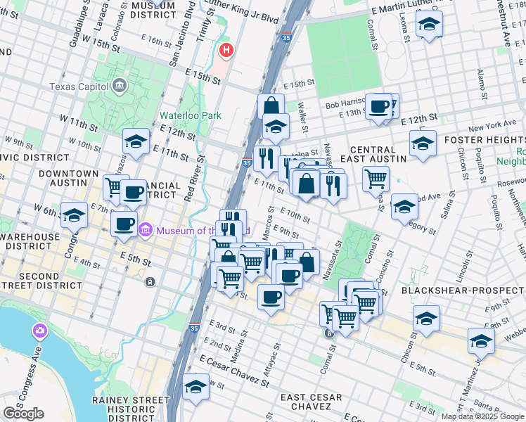 map of restaurants, bars, coffee shops, grocery stores, and more near 1001 East 10th Street in Austin