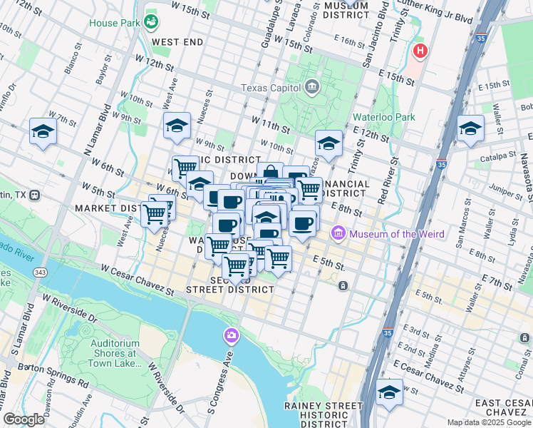 map of restaurants, bars, coffee shops, grocery stores, and more near 15 West 6th Street in Austin