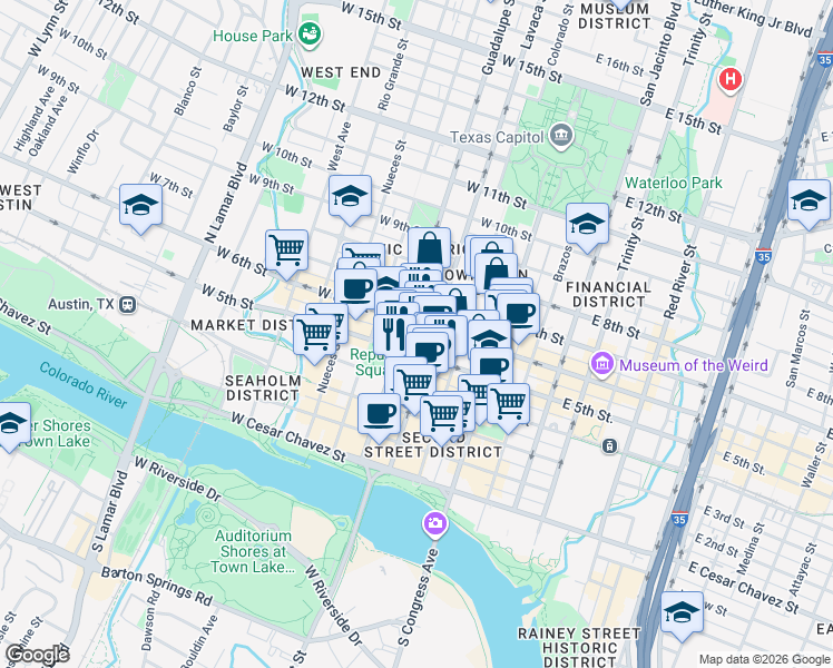 map of restaurants, bars, coffee shops, grocery stores, and more near 311 West 5th Street in Austin