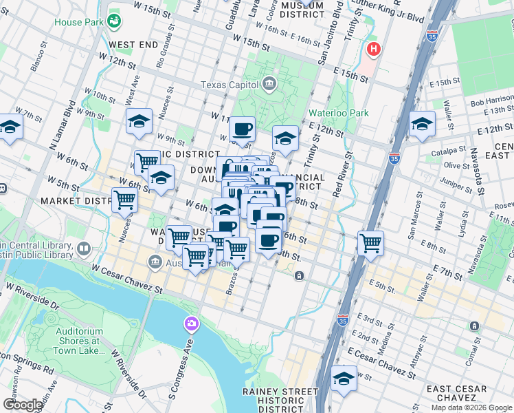 map of restaurants, bars, coffee shops, grocery stores, and more near E 7th St & Brazos St in Austin