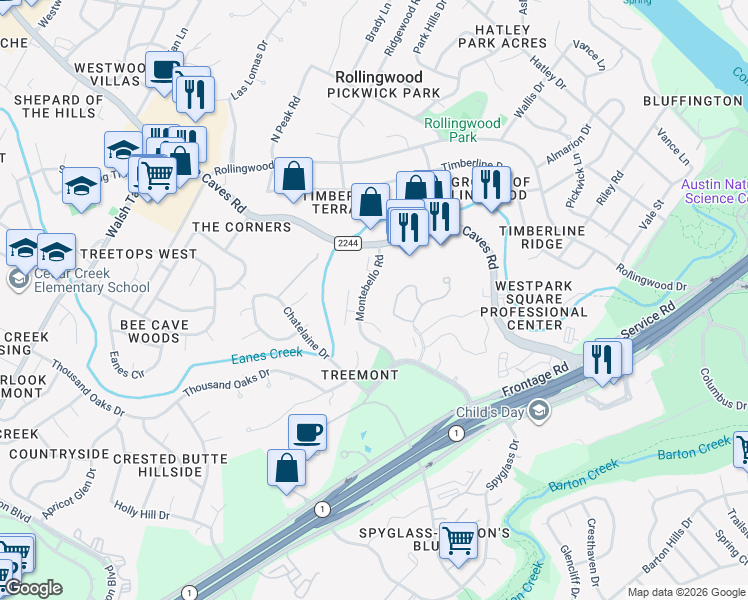 map of restaurants, bars, coffee shops, grocery stores, and more near 2854 Montebello Road in Austin