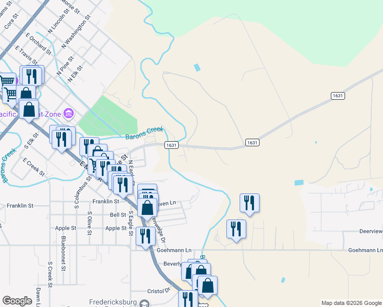 map of restaurants, bars, coffee shops, grocery stores, and more near 496 Ranch Road 1631 in Fredericksburg