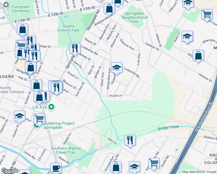map of restaurants, bars, coffee shops, grocery stores, and more near 1113 Richardine Avenue in Austin
