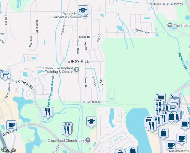 map of restaurants, bars, coffee shops, grocery stores, and more near 4327 Loys Drive in Jacksonville