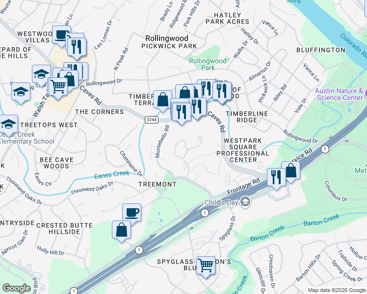 map of restaurants, bars, coffee shops, grocery stores, and more near 1036 Liberty Park Drive in Austin