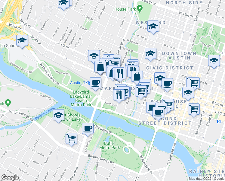 map of restaurants, bars, coffee shops, grocery stores, and more near 830 West 3rd Street in Austin