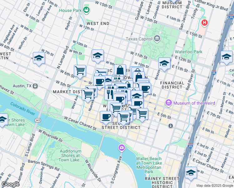 map of restaurants, bars, coffee shops, grocery stores, and more near 311 West 5th Street in Austin