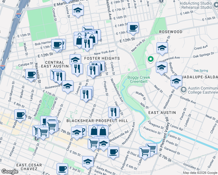 map of restaurants, bars, coffee shops, grocery stores, and more near 1138 Poquito Street in Austin