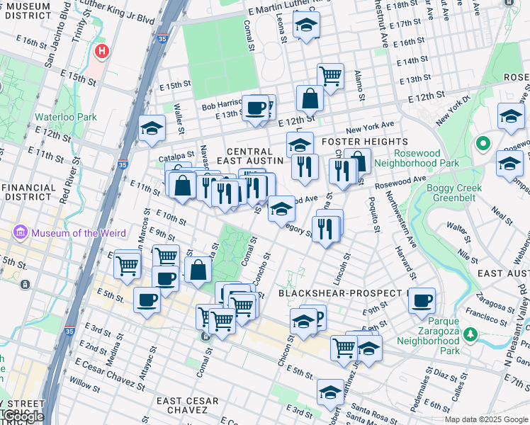 map of restaurants, bars, coffee shops, grocery stores, and more near 1130 Concho Street in Austin