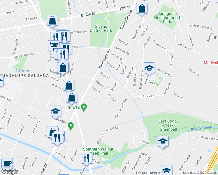 map of restaurants, bars, coffee shops, grocery stores, and more near 1133 Marks Circle in Austin