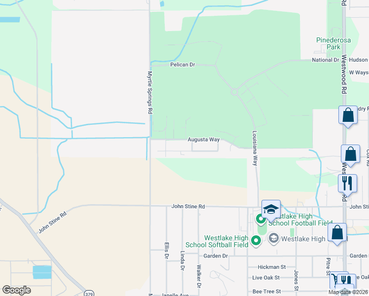 map of restaurants, bars, coffee shops, grocery stores, and more near Rae's Creek Lane in Westlake