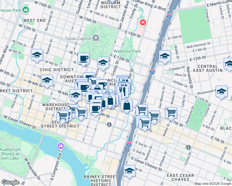 map of restaurants, bars, coffee shops, grocery stores, and more near 801 Neches Street in Austin