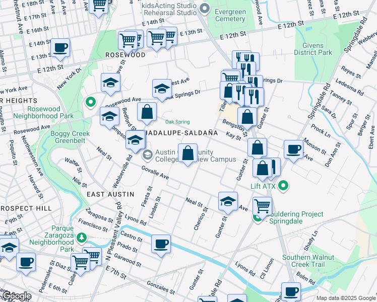 map of restaurants, bars, coffee shops, grocery stores, and more near 3021 Father Joe Znotas Street in Austin