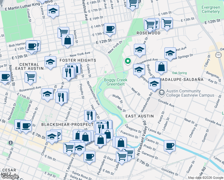 map of restaurants, bars, coffee shops, grocery stores, and more near 1027 Nile Street in Austin