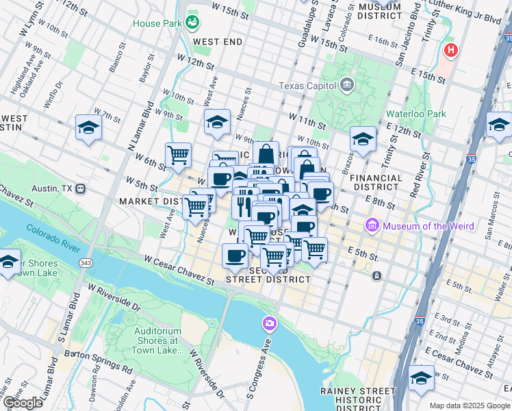 map of restaurants, bars, coffee shops, grocery stores, and more near 311 West 5th Street in Austin