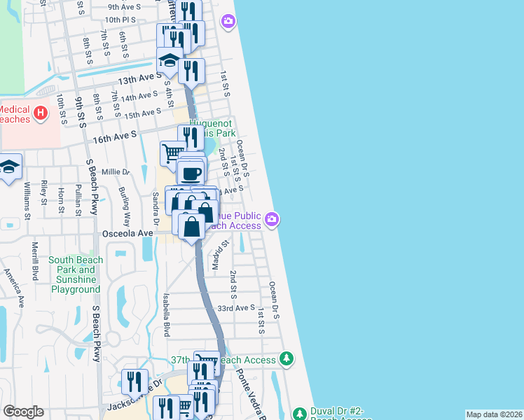 map of restaurants, bars, coffee shops, grocery stores, and more near 2335 Costa Verde Boulevard in Jacksonville Beach
