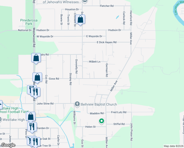 map of restaurants, bars, coffee shops, grocery stores, and more near 316 Goss Road in Westlake