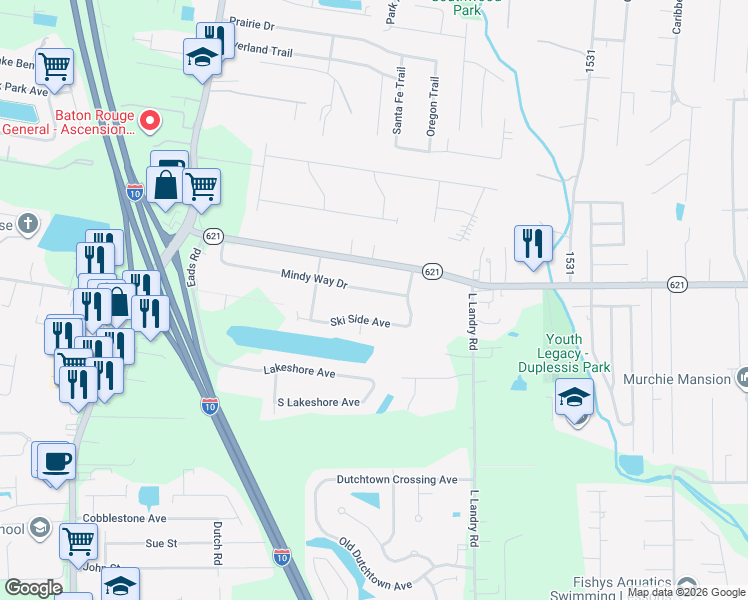 map of restaurants, bars, coffee shops, grocery stores, and more near 37329 Mindy Way Drive in Prairieville