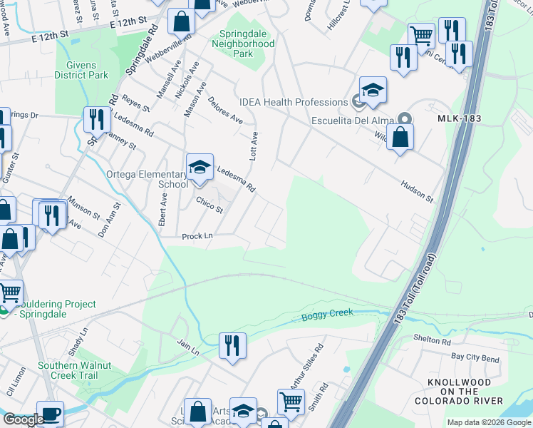 map of restaurants, bars, coffee shops, grocery stores, and more near 1121 Christie Drive in Austin