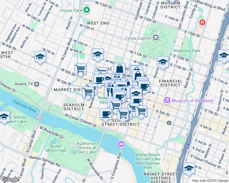 map of restaurants, bars, coffee shops, grocery stores, and more near 339 West 6th Street in Austin
