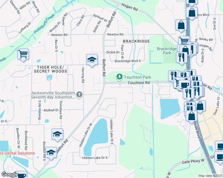 map of restaurants, bars, coffee shops, grocery stores, and more near 8258 Warlin Drive North in Jacksonville